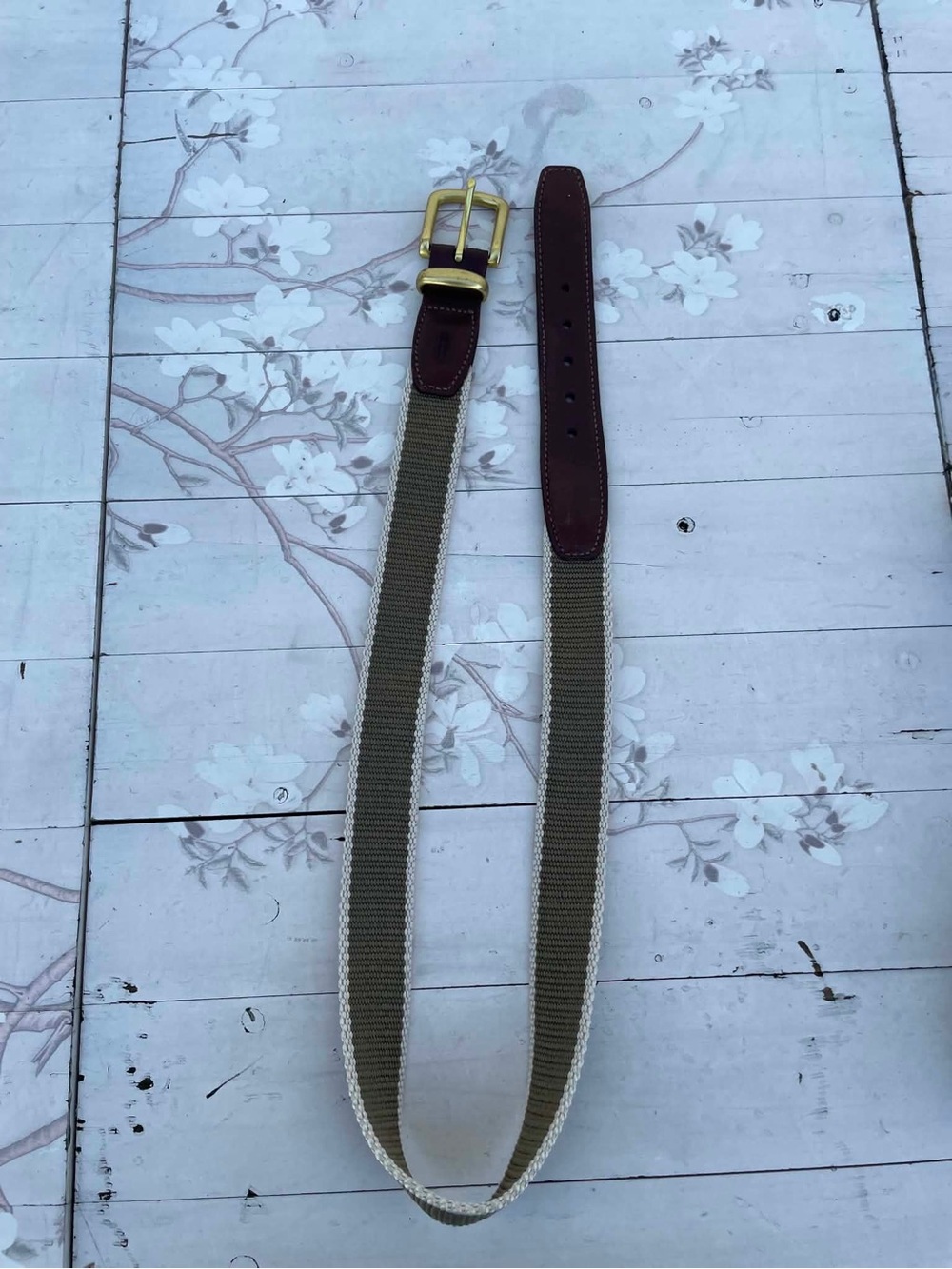 Coach Khaki Webbing Belt with Brown Leather Trim and Gold Buckle